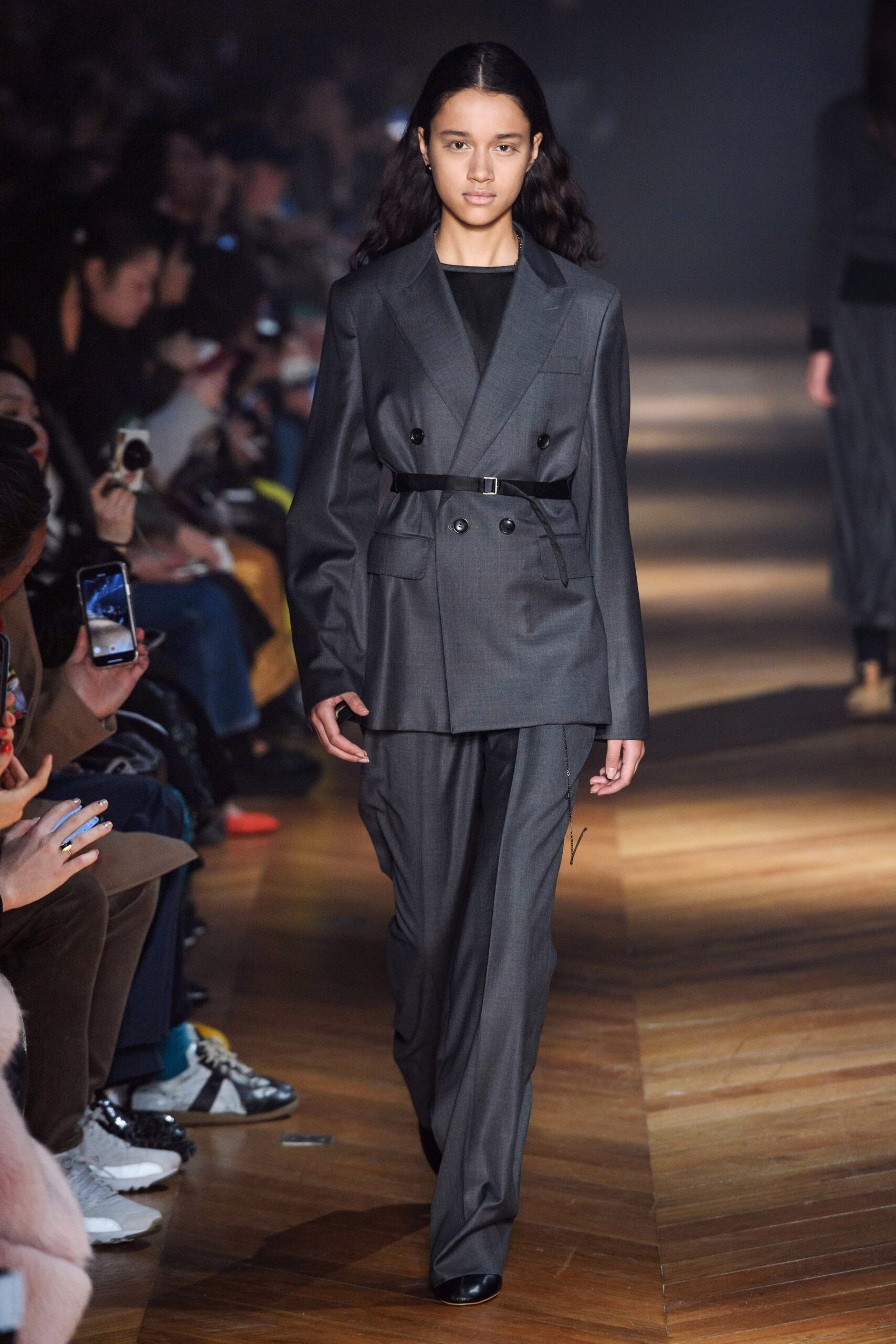 gray double-breasted belted blazer