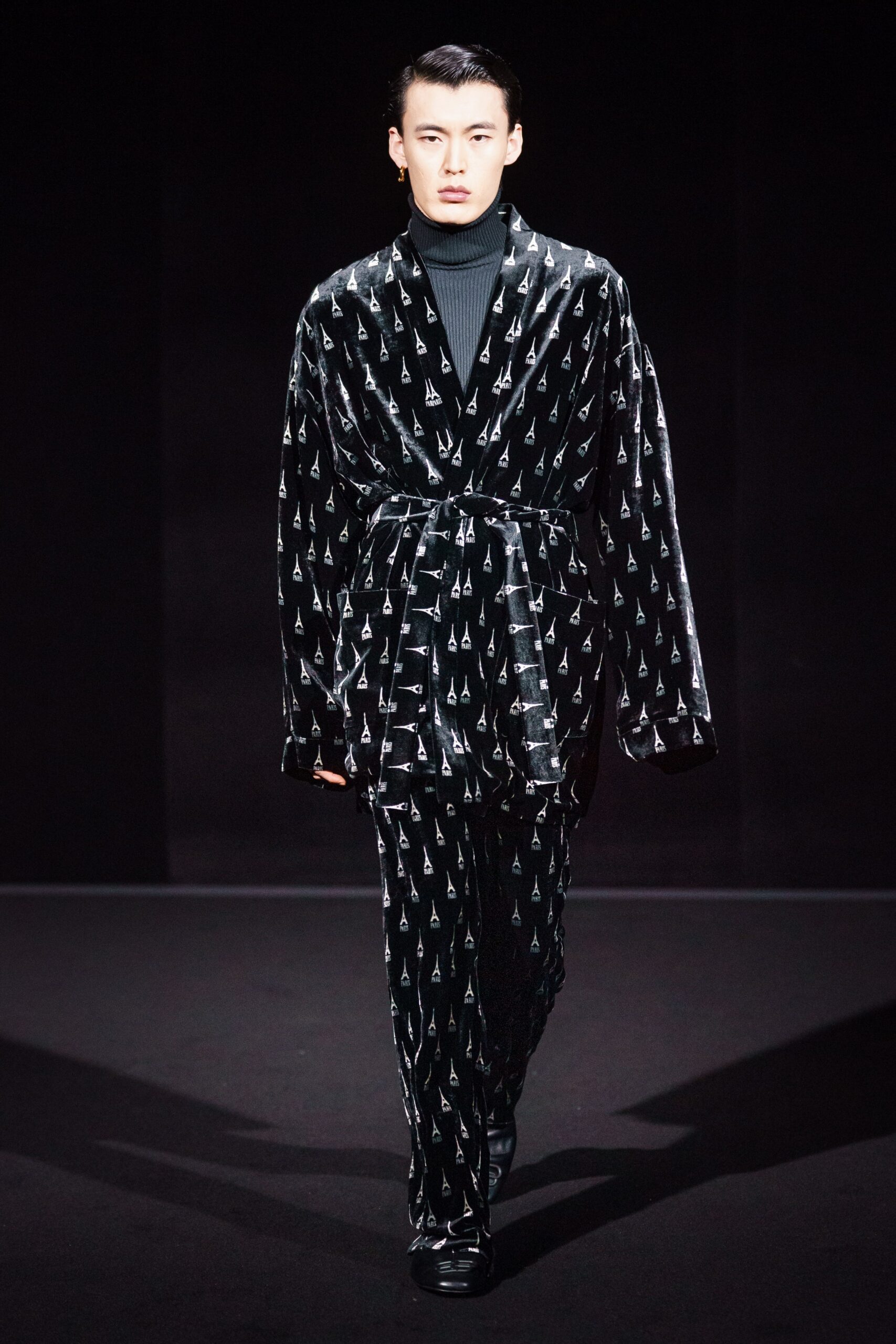 black and white printed velvet jacket and pants