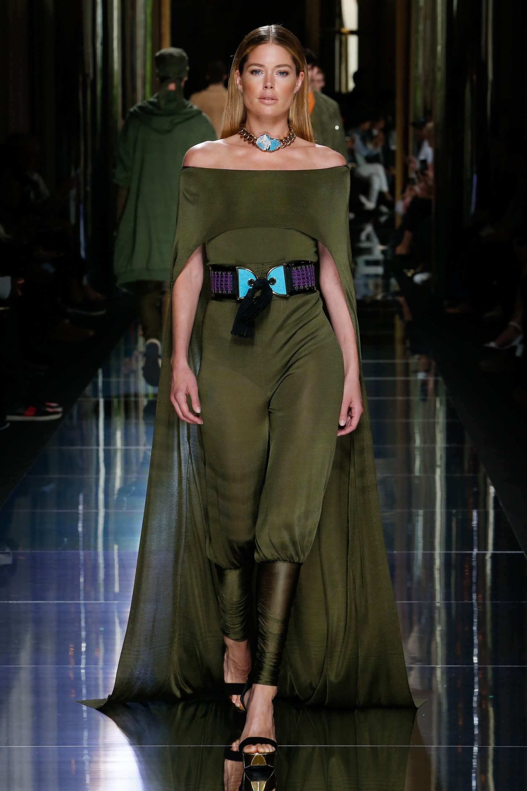 green silk off-shoulder jumpsuit with cape