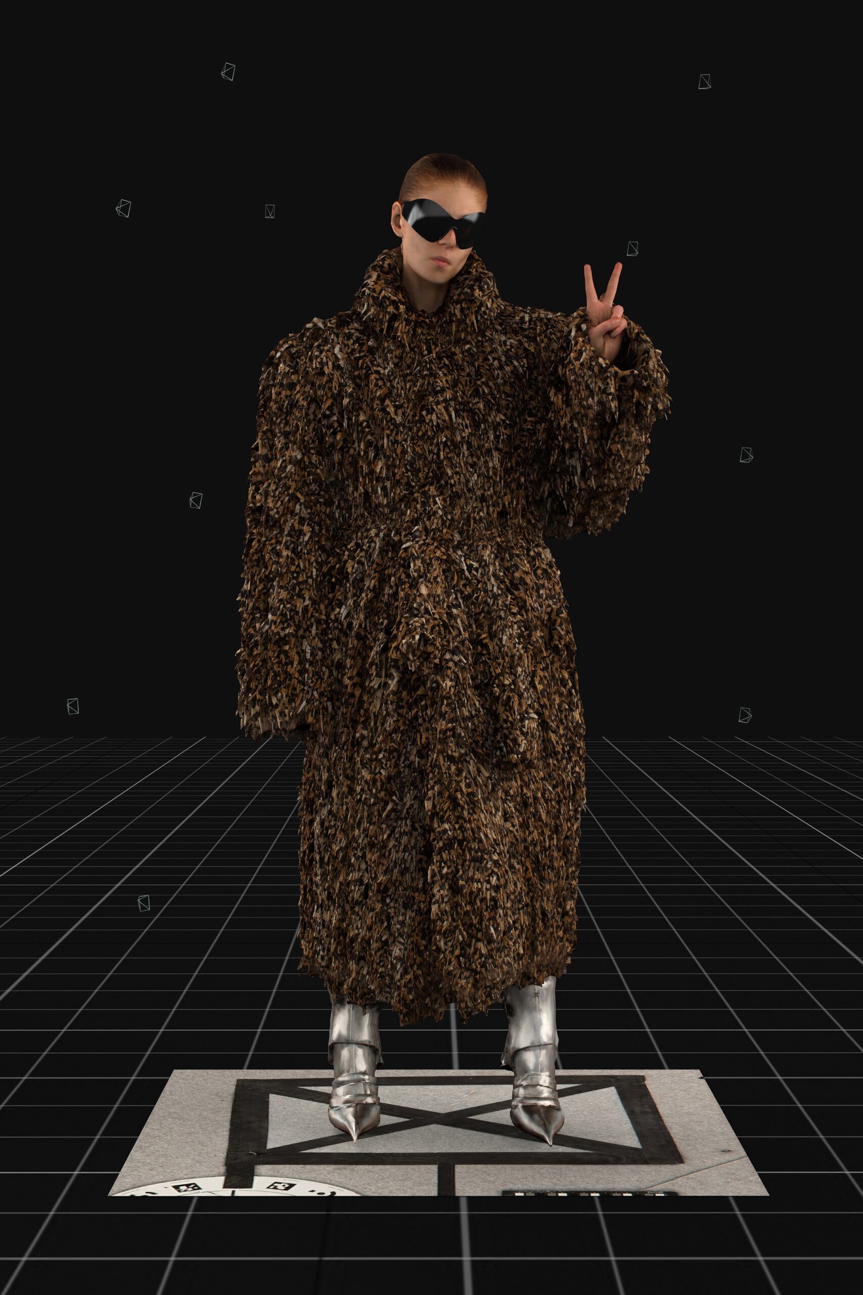brown fur long-sleeve high-neck oversized fringed coat