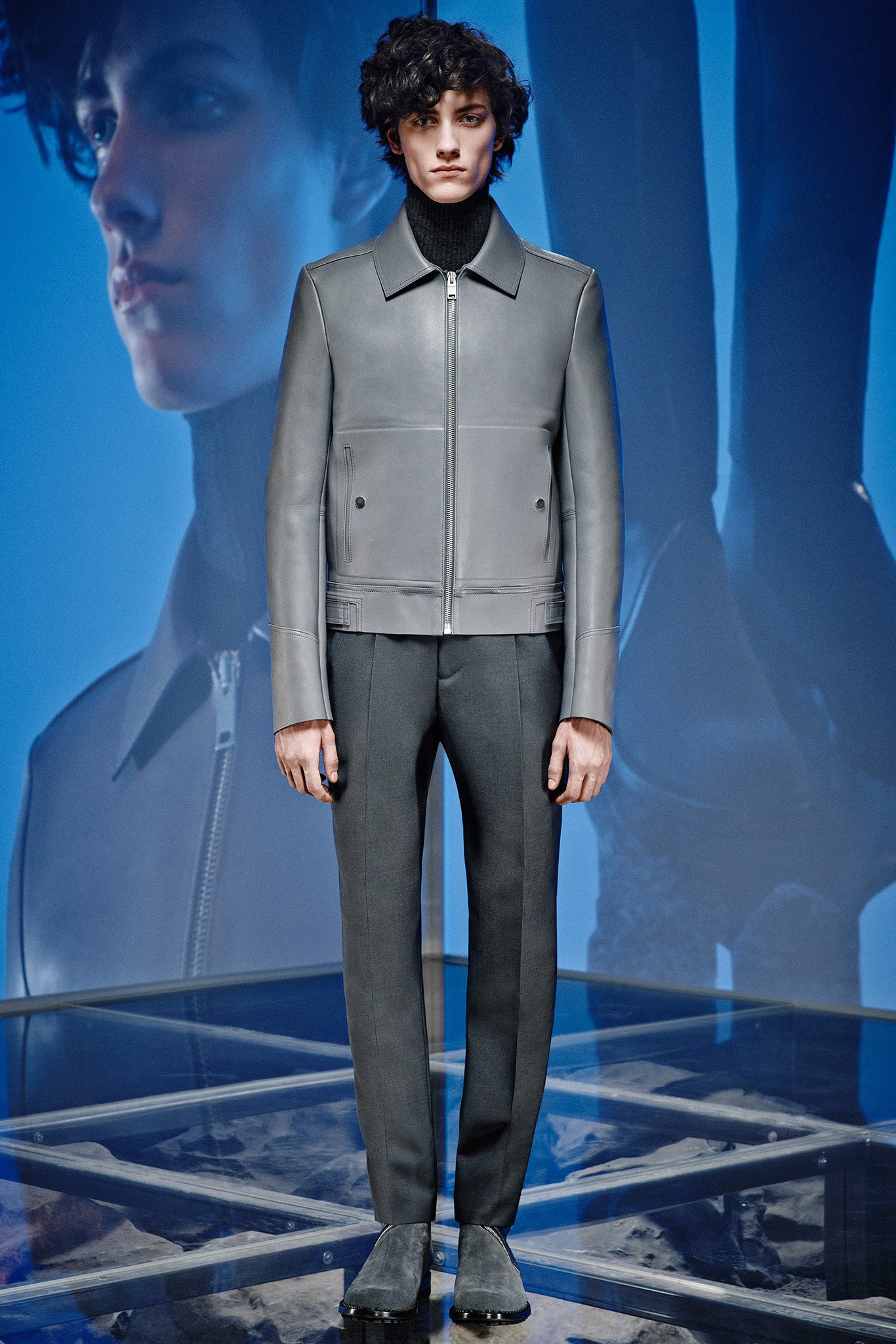 gray leather long-sleeve collared fitted zippered jacket