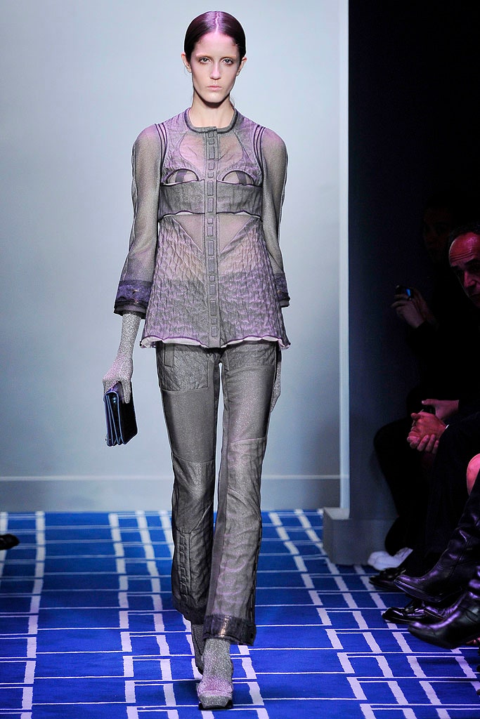 gray sheer silk top and pants