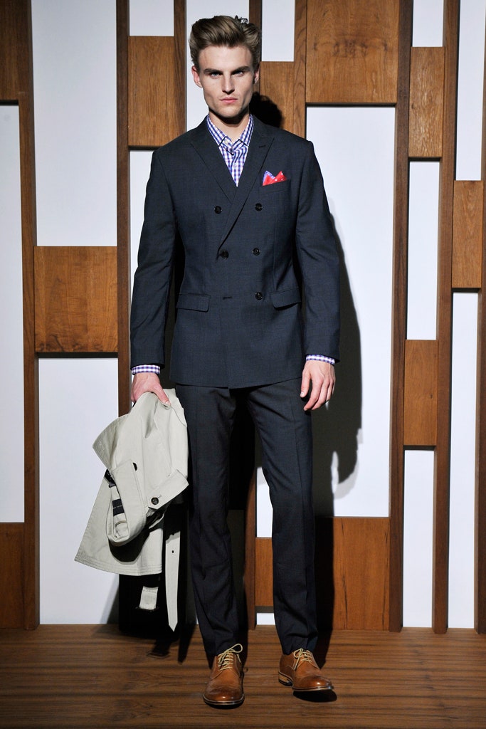 navy tailored suit with checked shirt
