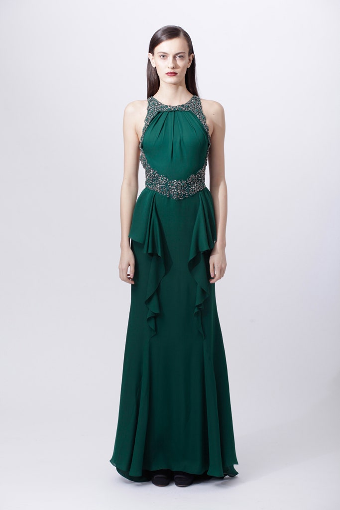 green chiffon sleeveless gown