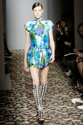 blue silk sleeveless high-neck fitted printed tiered dress