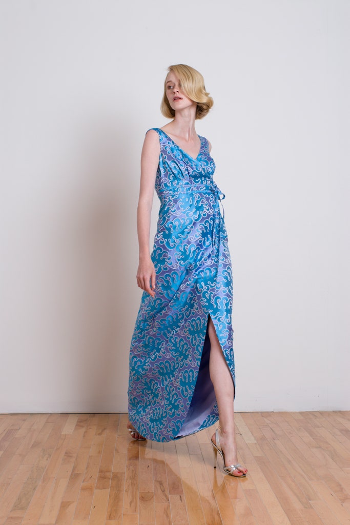 blue silk printed gown