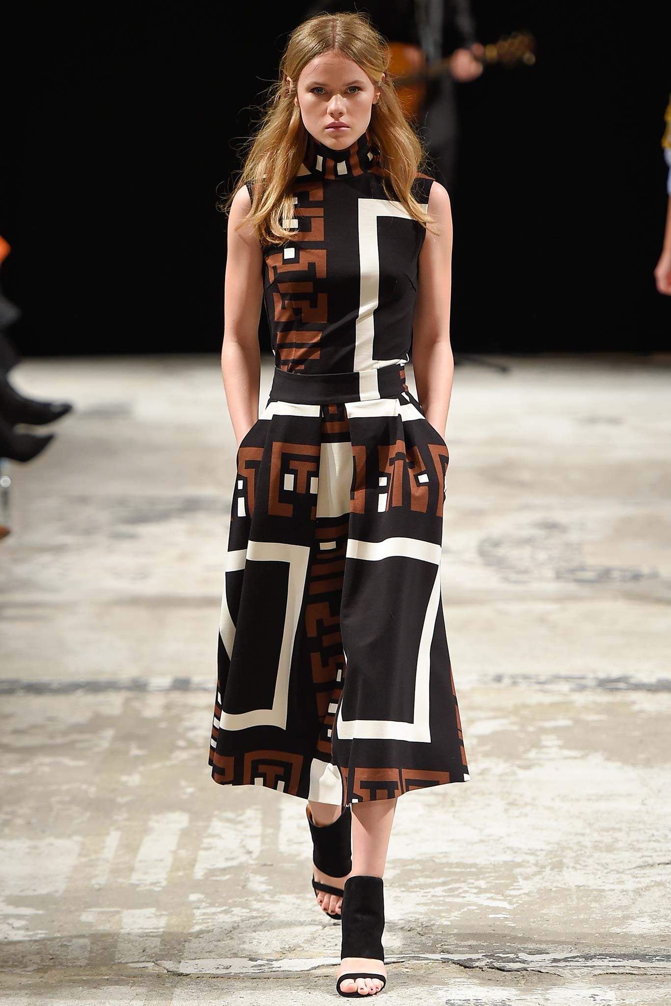 black and white printed top with wide-leg pants