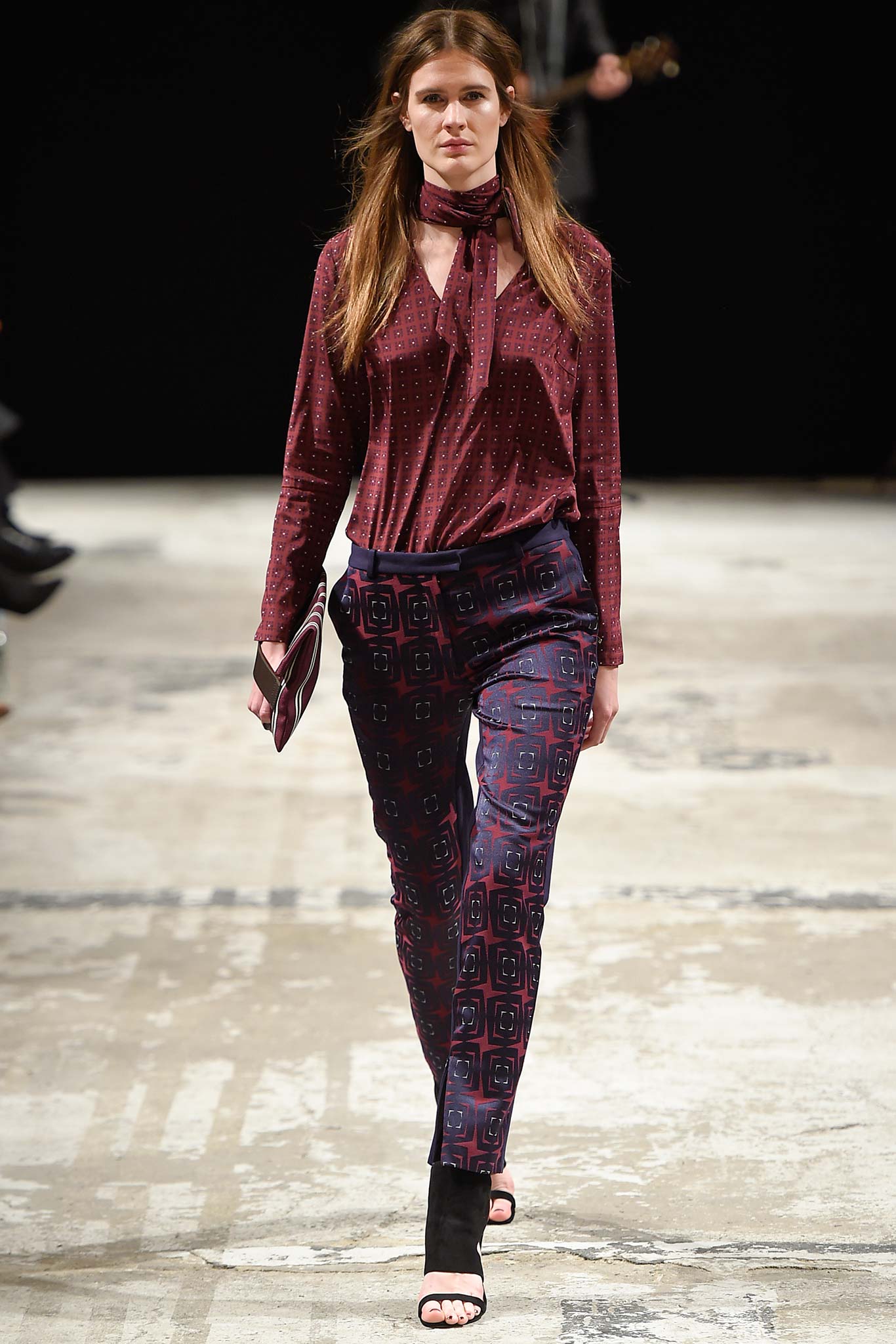 maroon silk blouse with printed pants