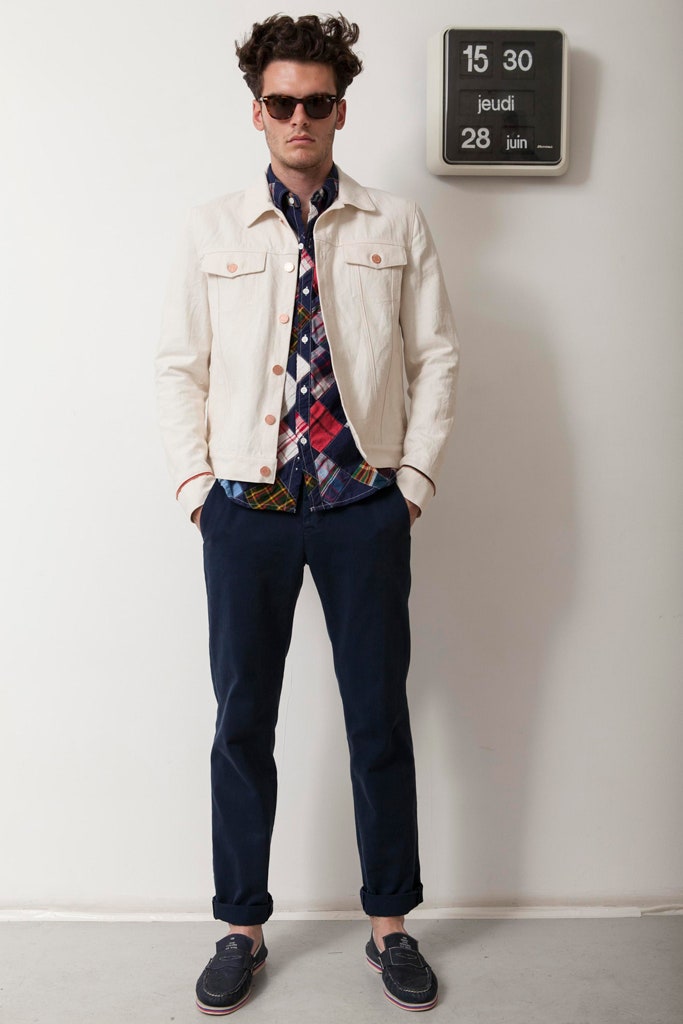 white fitted jacket with multi-checked shirt