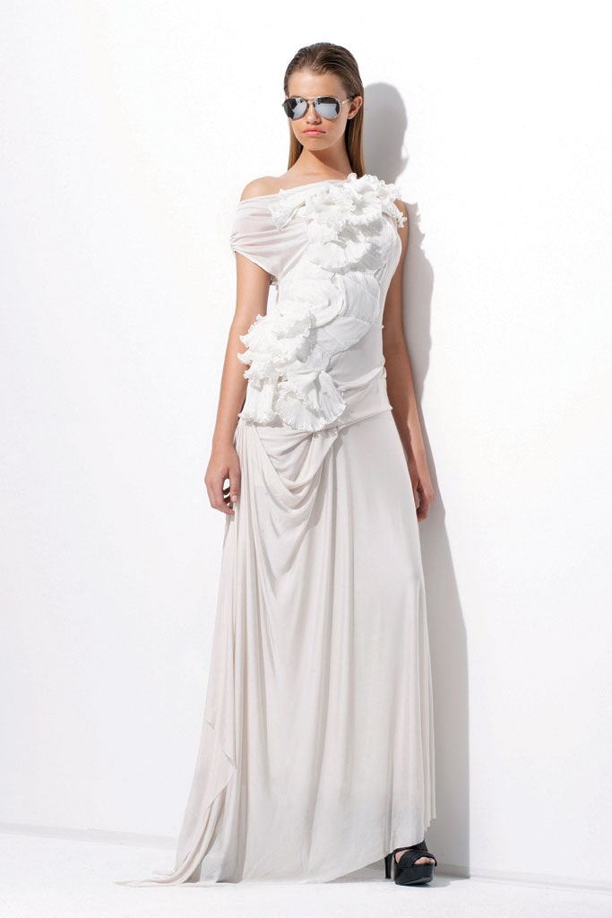 white off-shoulder draped gown