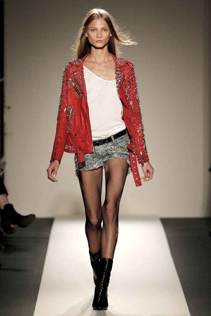 red leather jacket with denim shorts