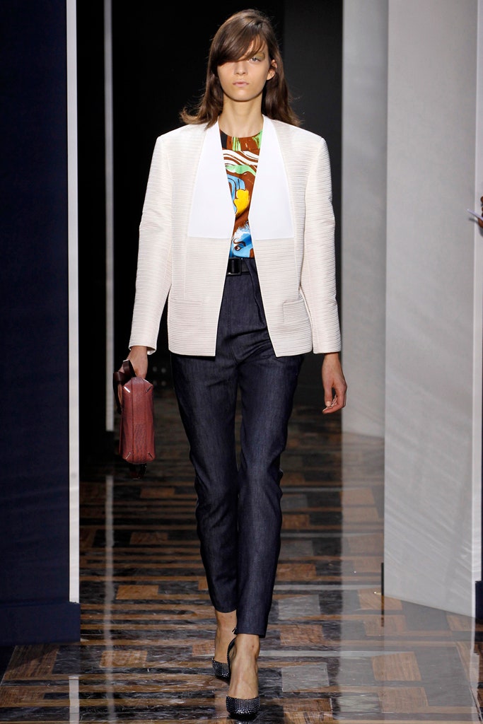 white tailored blazer with blue pants