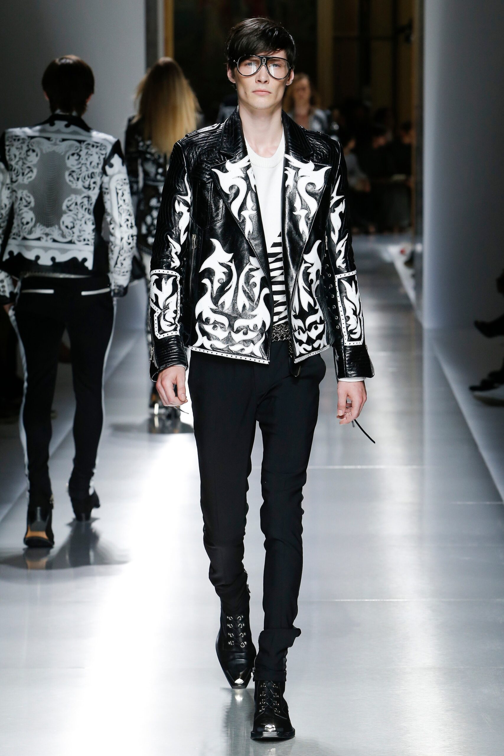 black and white embroidered leather jacket