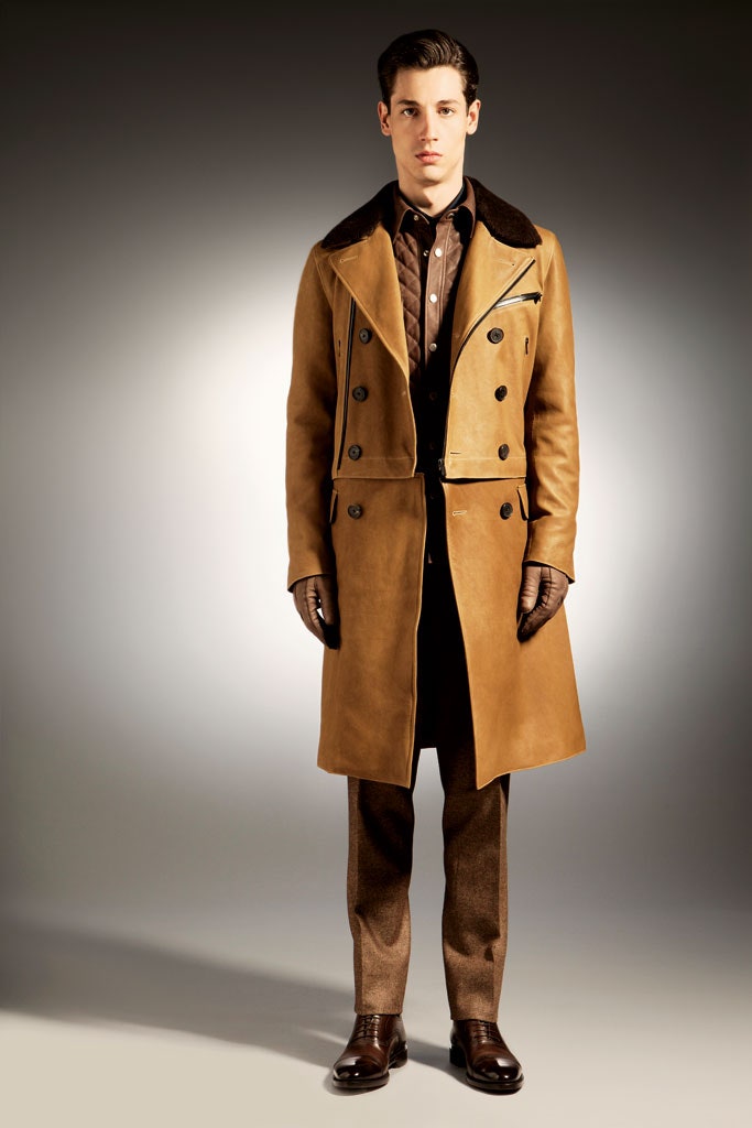 brown leather long-sleeve double-breasted fitted buttoned coat