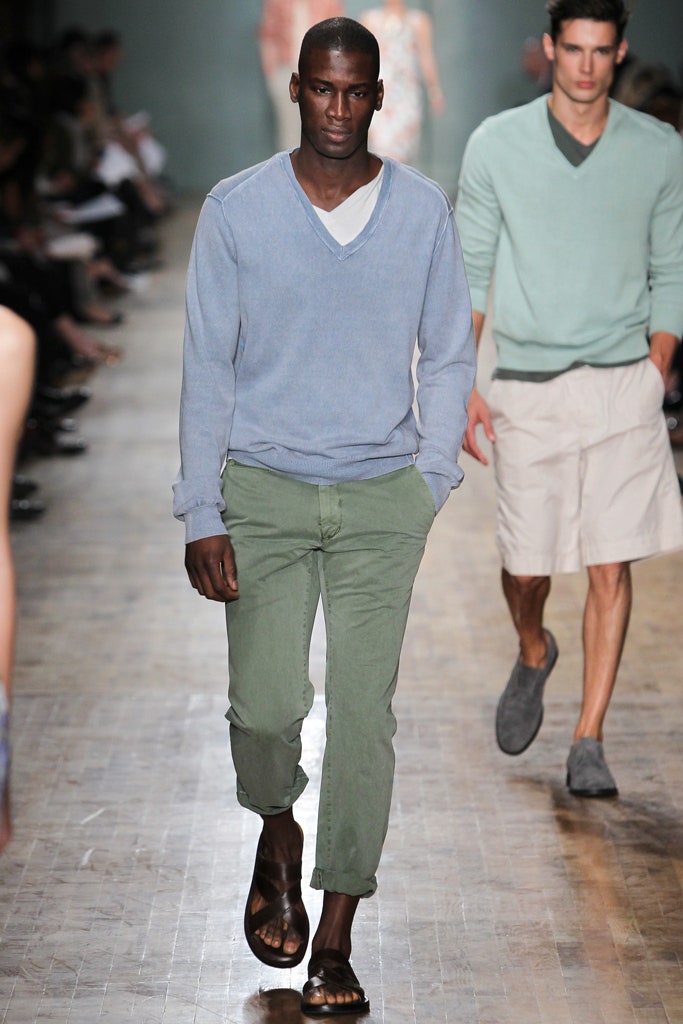 blue relaxed sweater with green pants