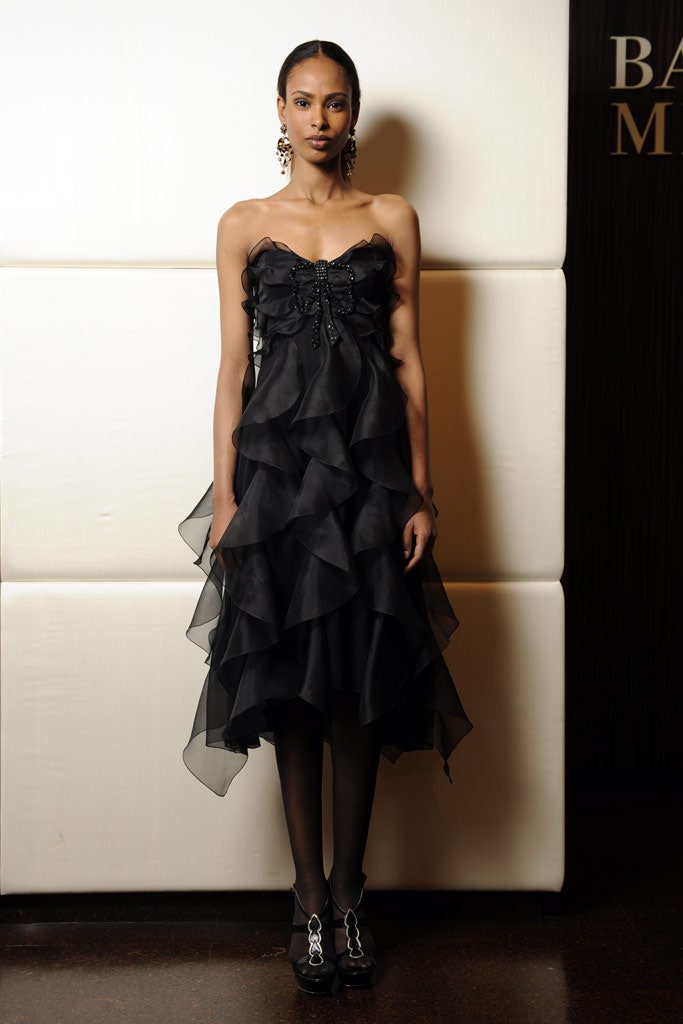 black silk strapless tiered dress