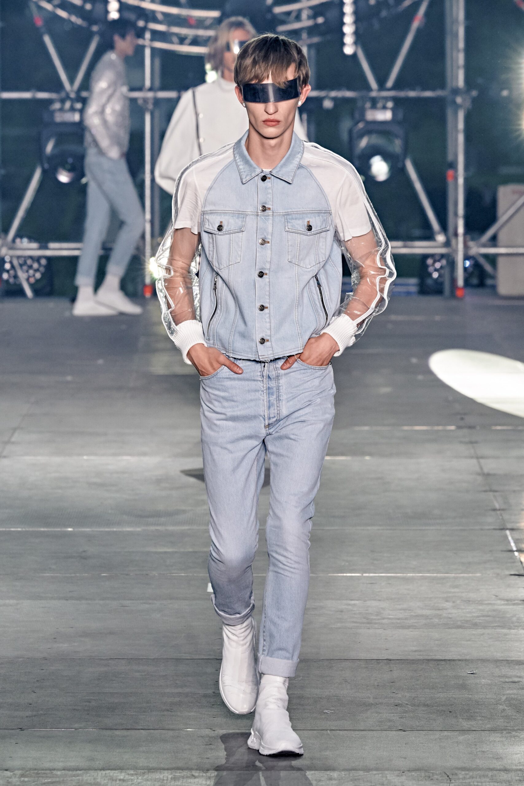 blue denim jacket with mesh sleeves