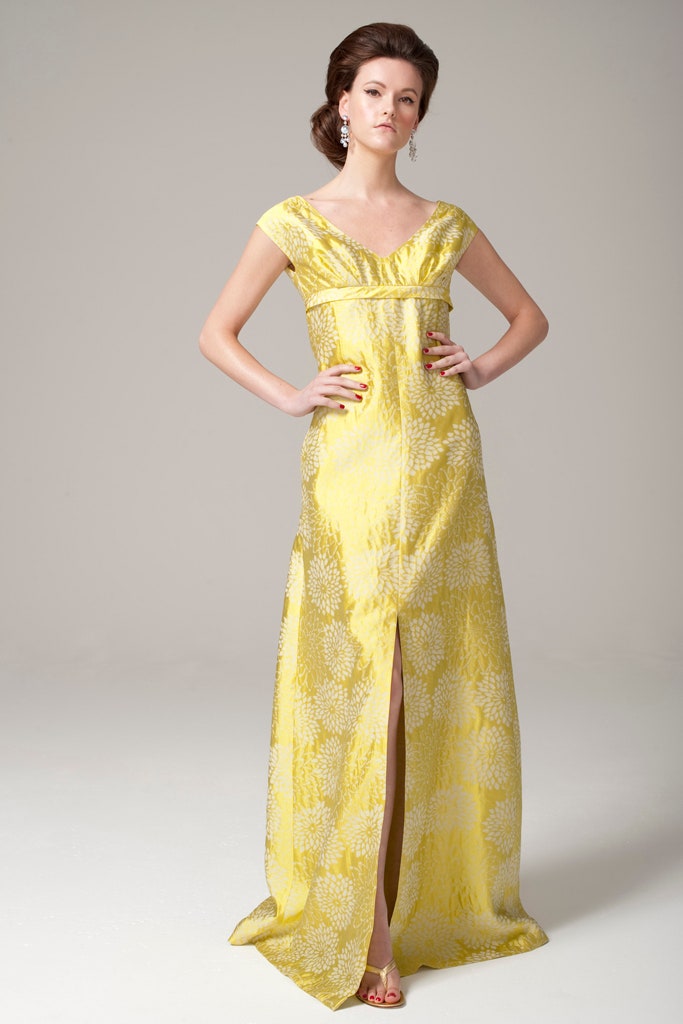 yellow silk sleeveless gown