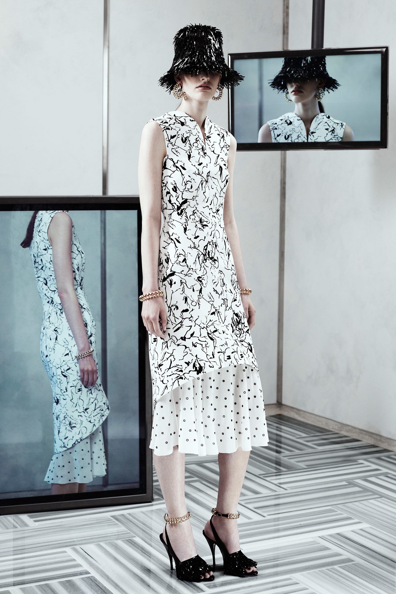 fitted black and white printed dress