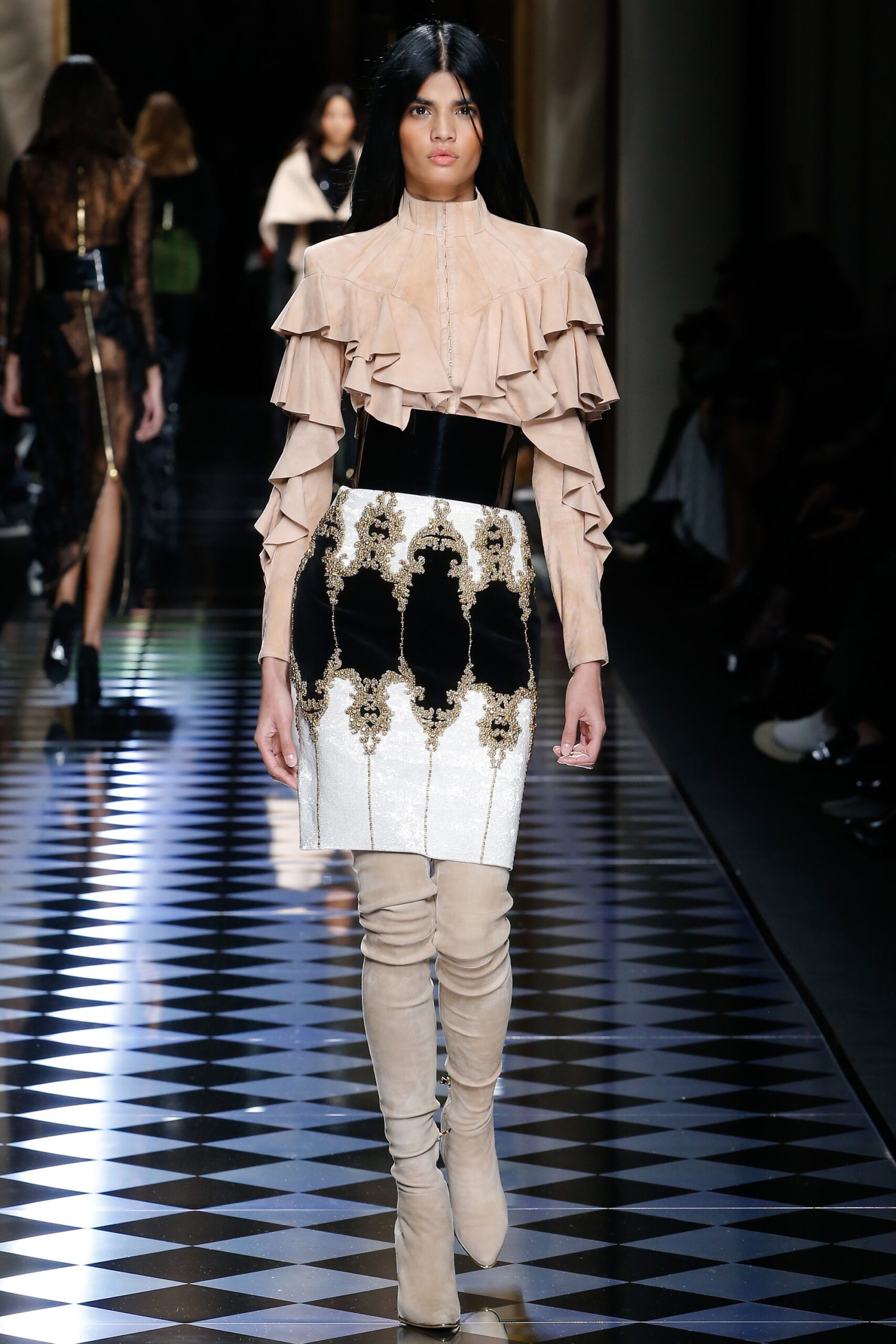 beige silk long-sleeve collared fitted ruffled blouse