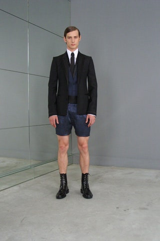 black blazer blue vest shorts