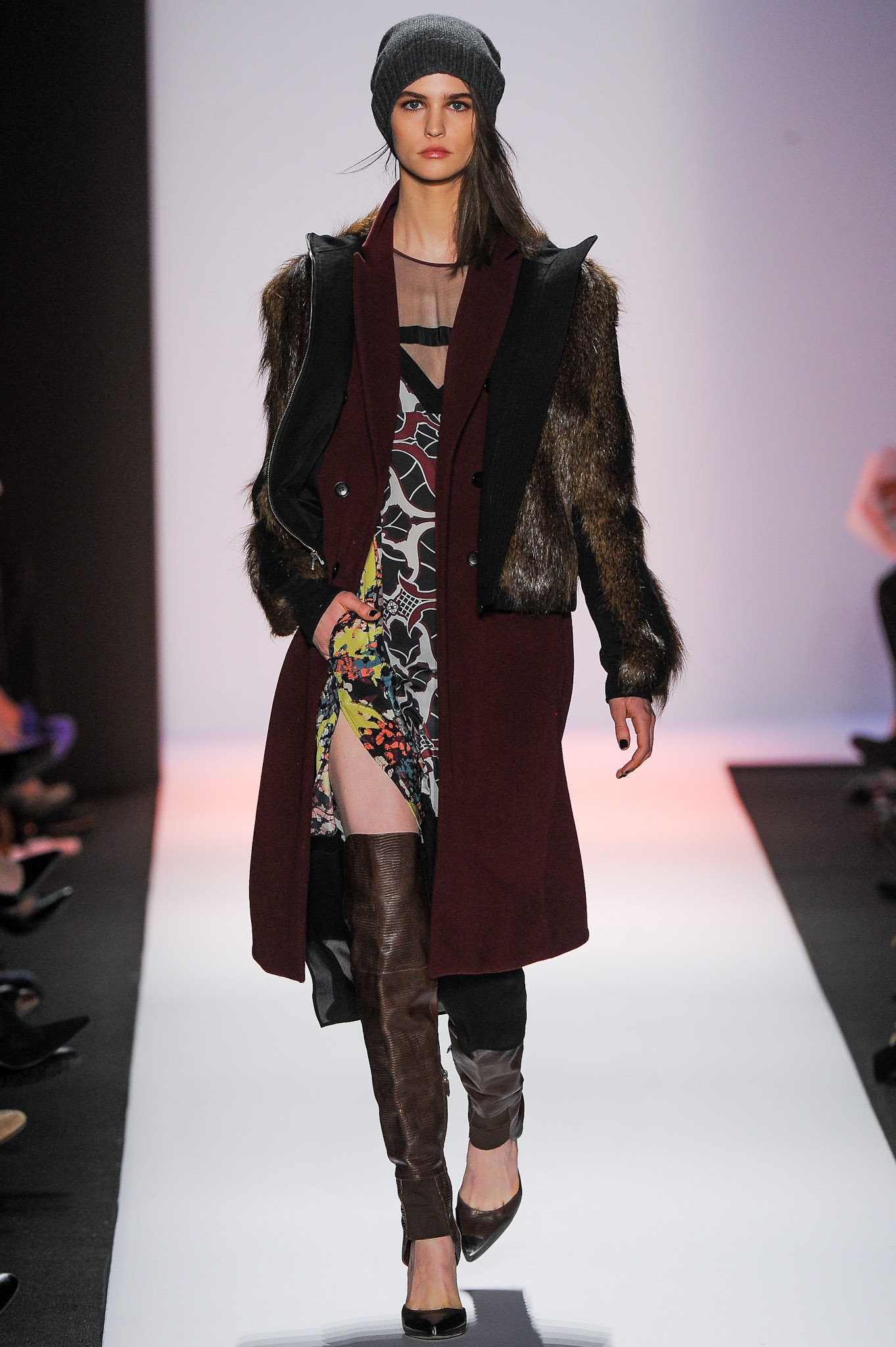 multi-colored mini dress with faux-fur coat