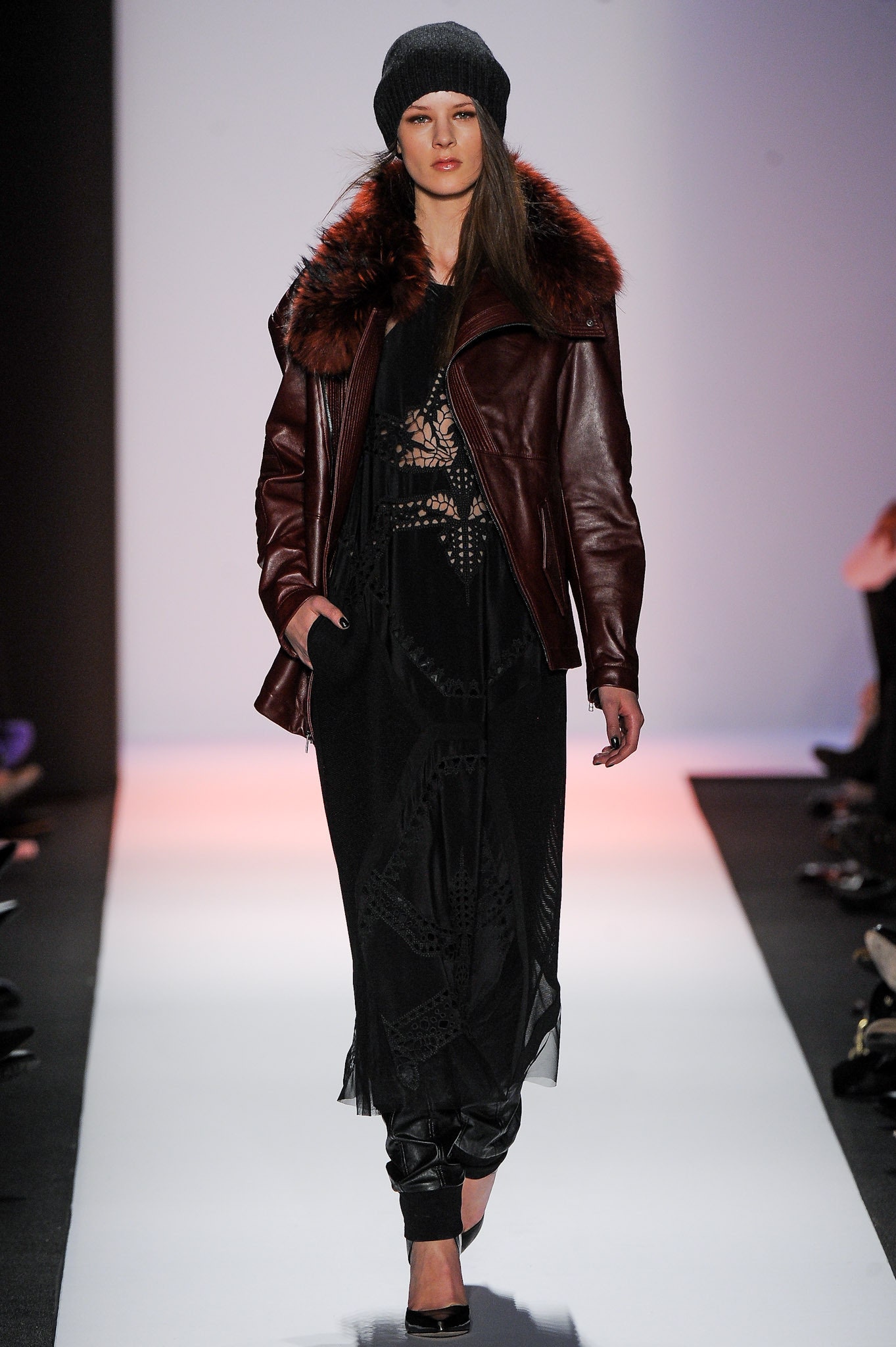 brown leather jacket with black maxi dress
