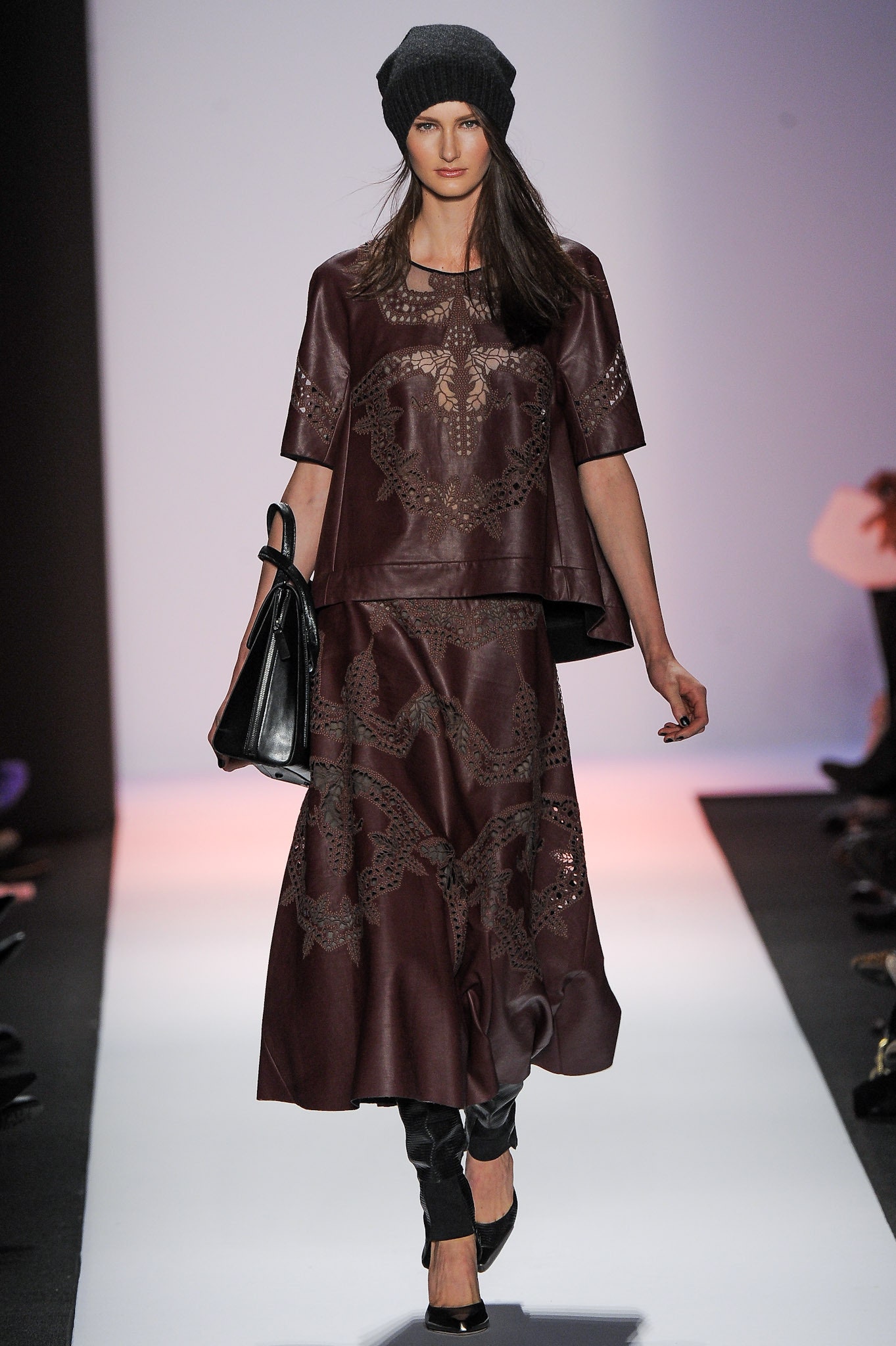 brown leather top and skirt