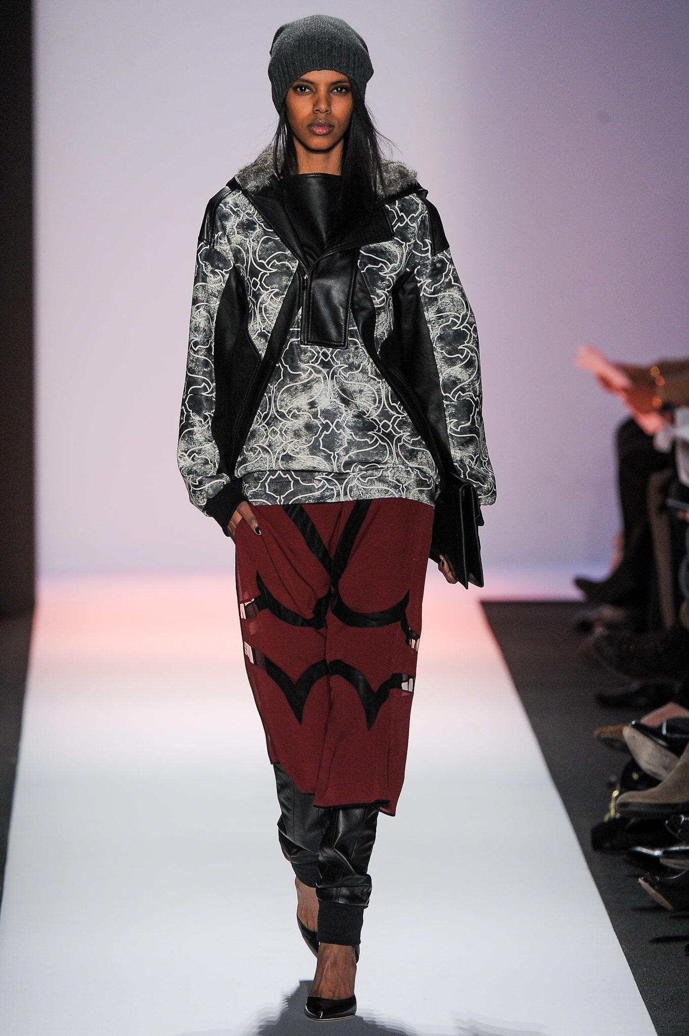 black and gray relaxed jacket with maroon pants