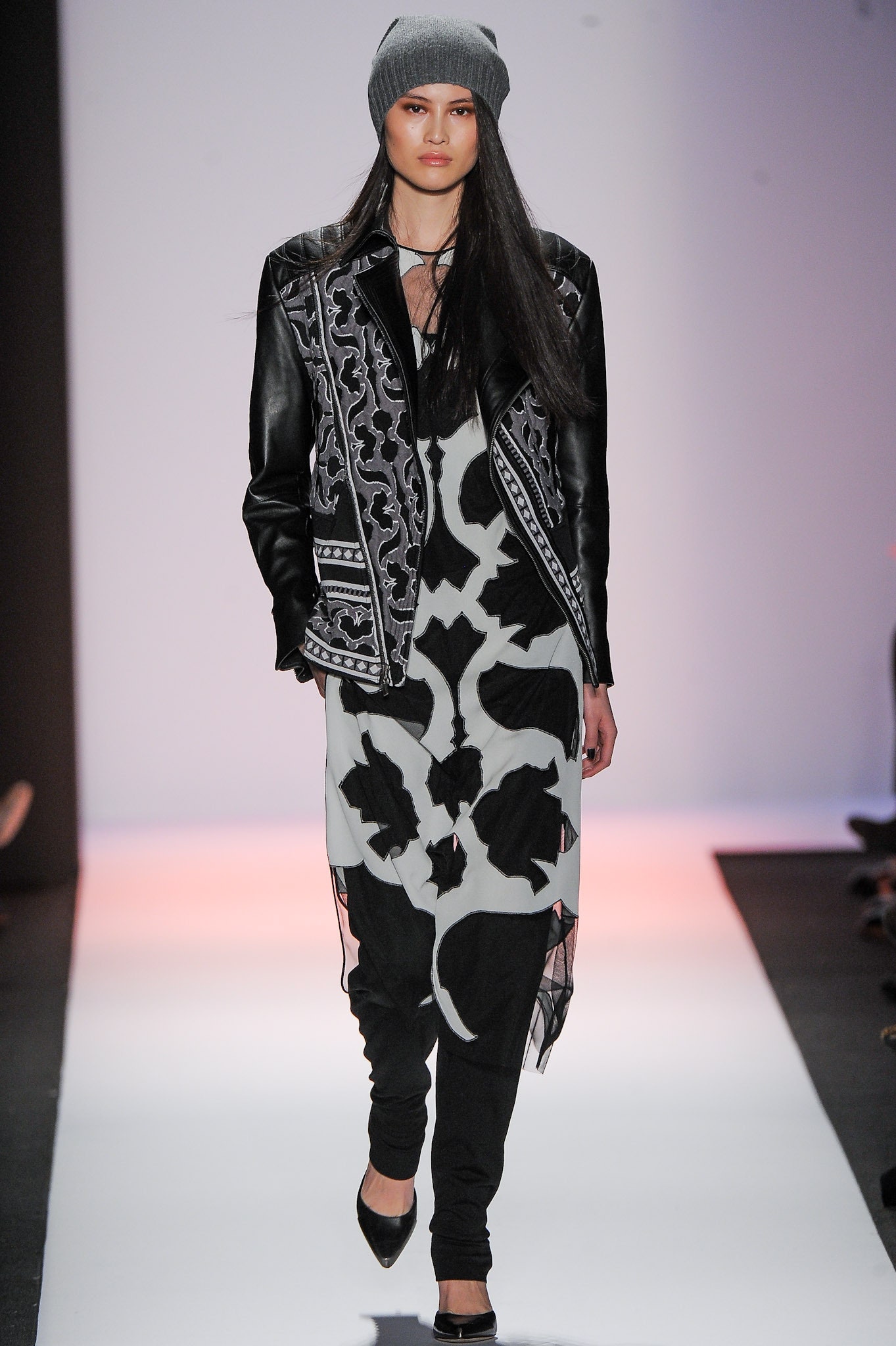 black leather jacket with printed dress