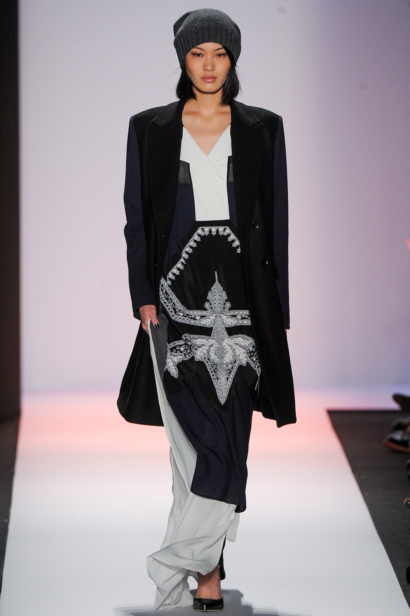 black wool coat and maxi dress