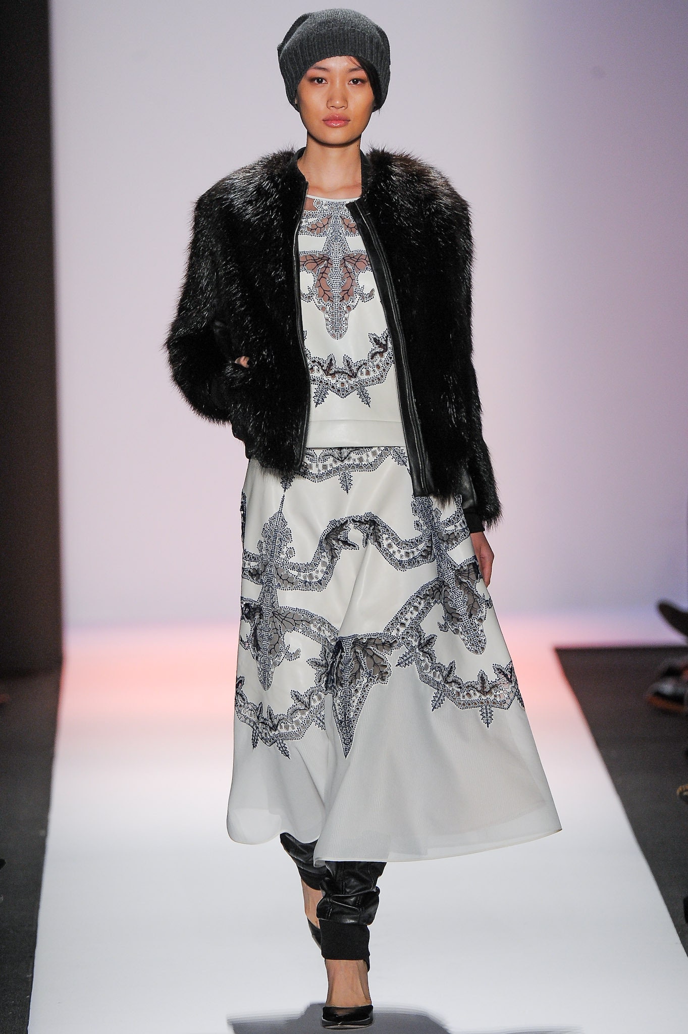 white embellished midi dress with black fur coat