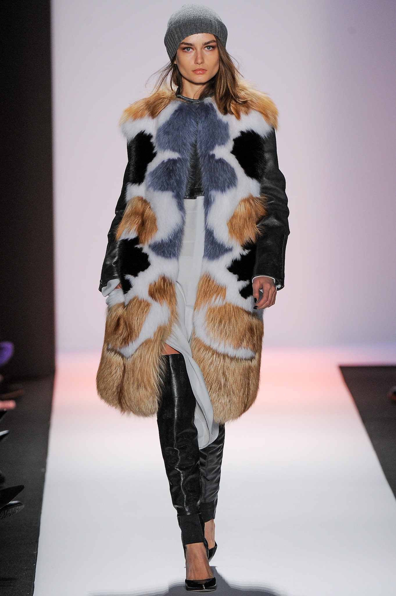 color-blocked fur coat with fitted pants