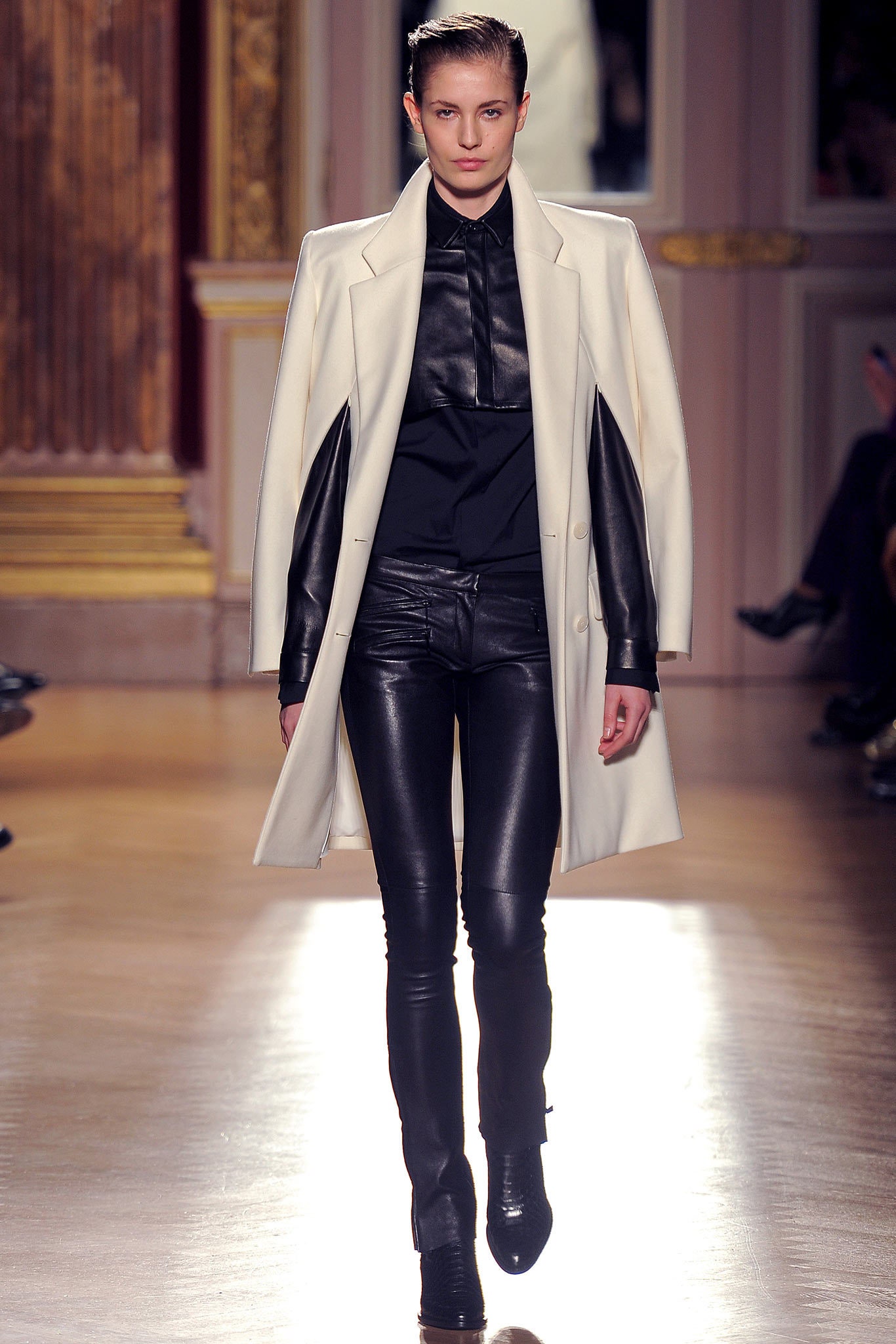white wool coat black leather outfit