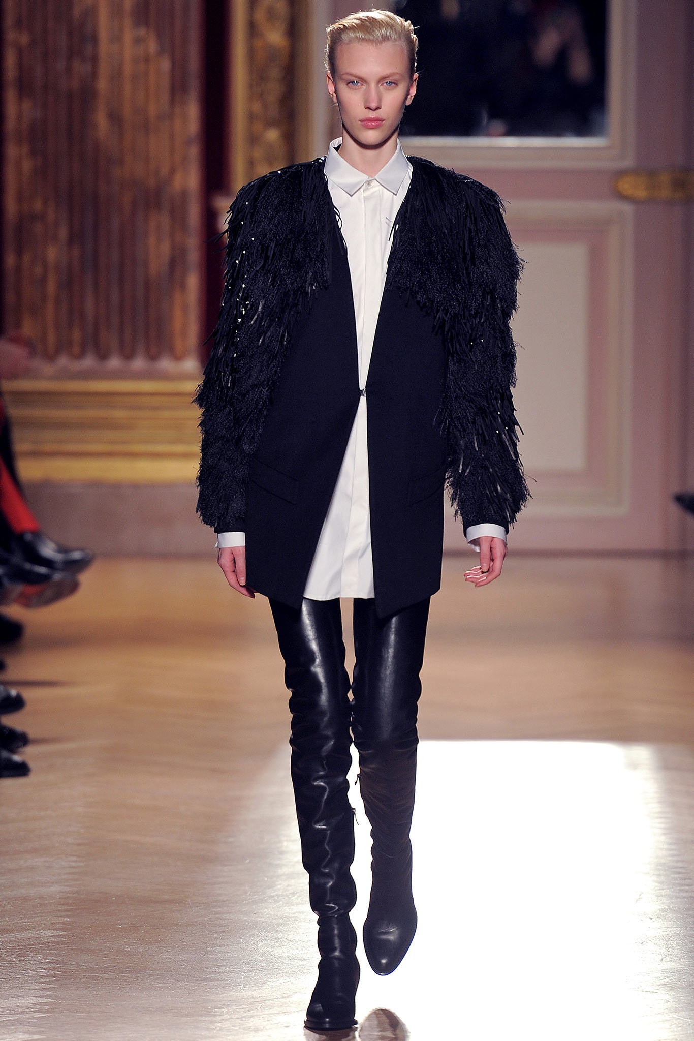 black fringed blazer white shirt leather pants