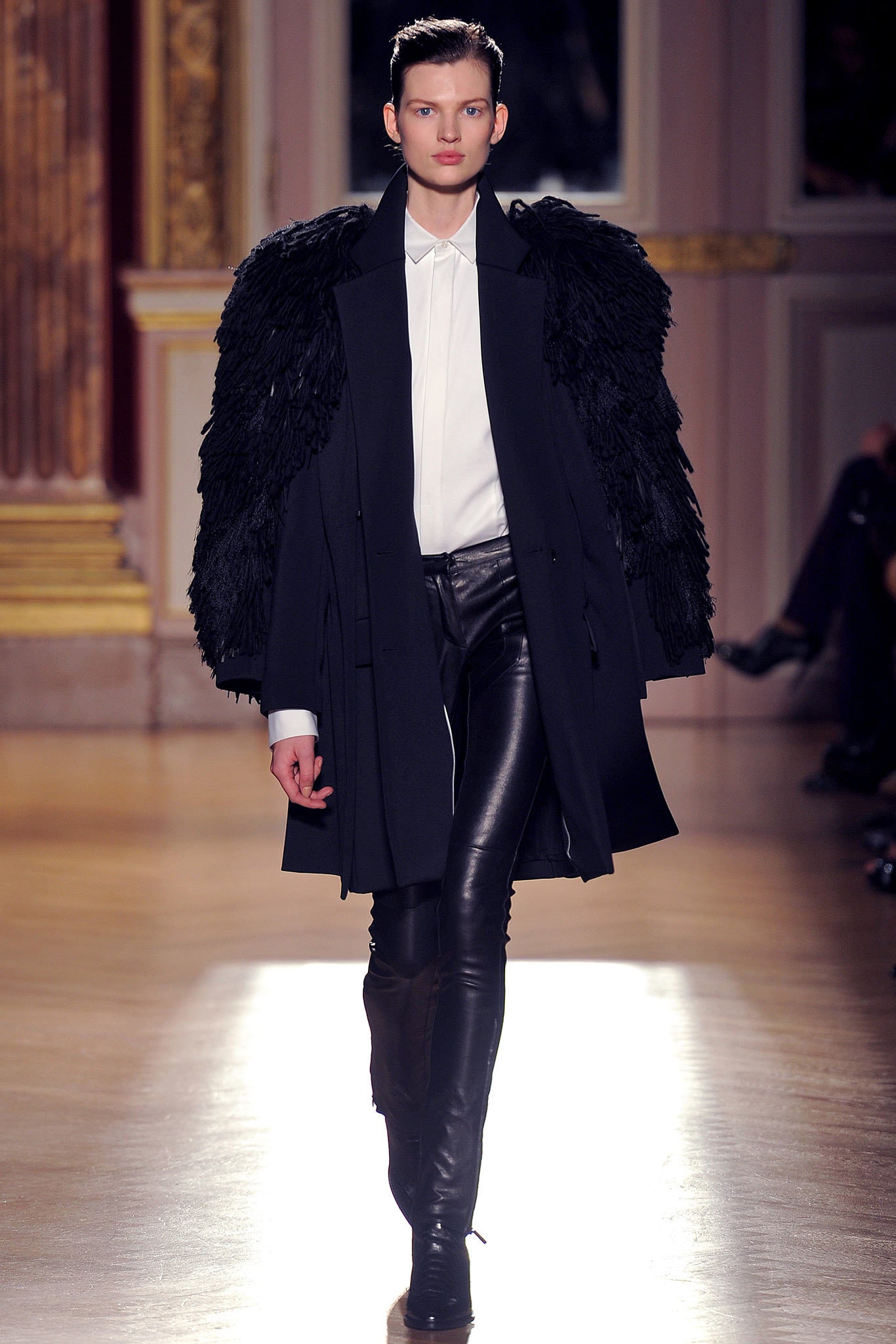 black wool coat white shirt leather pants