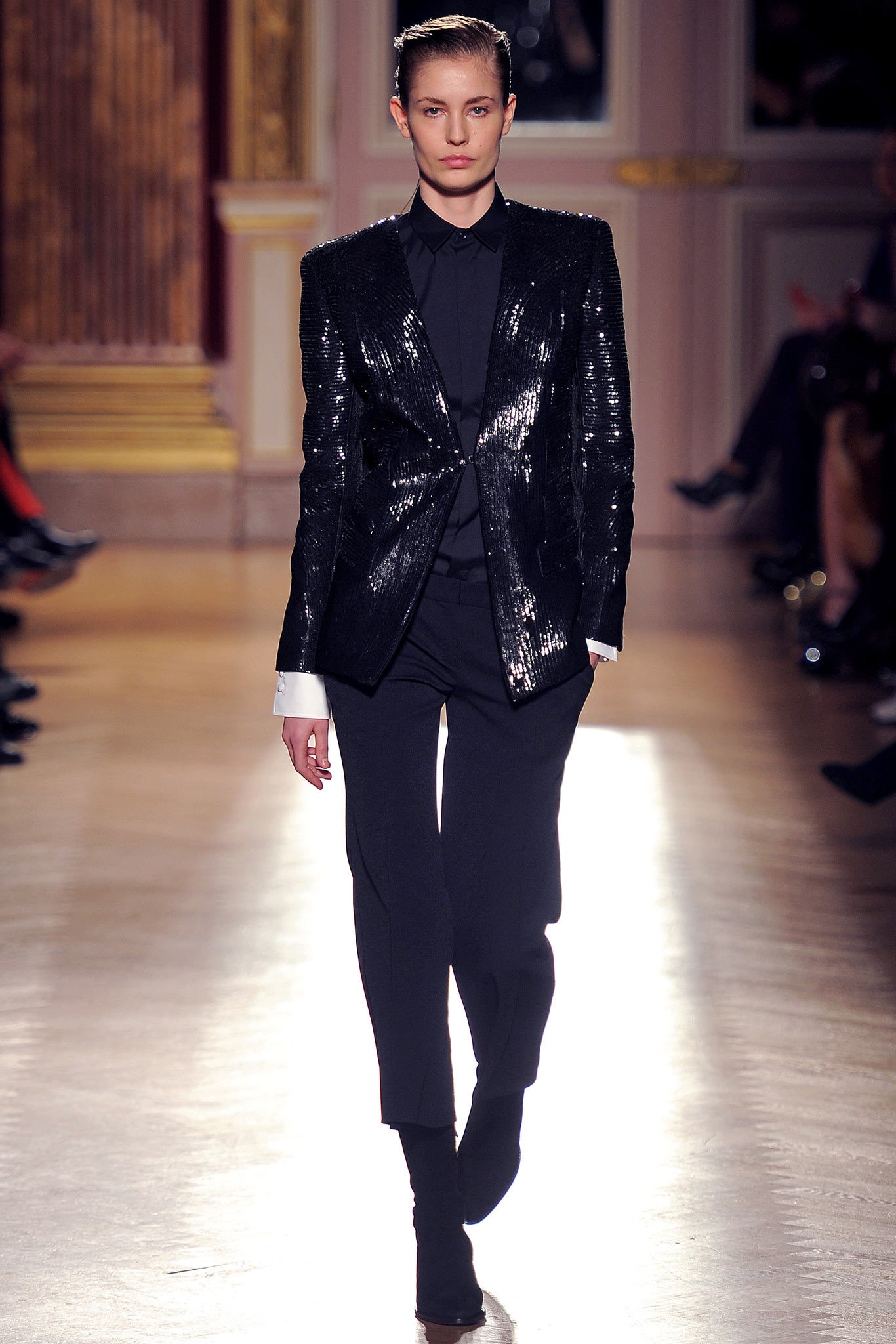 black sequined blazer with tailored pants