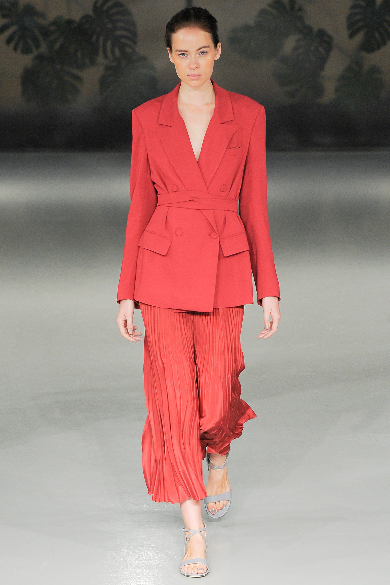 red silk tailored blazer with pleated pants