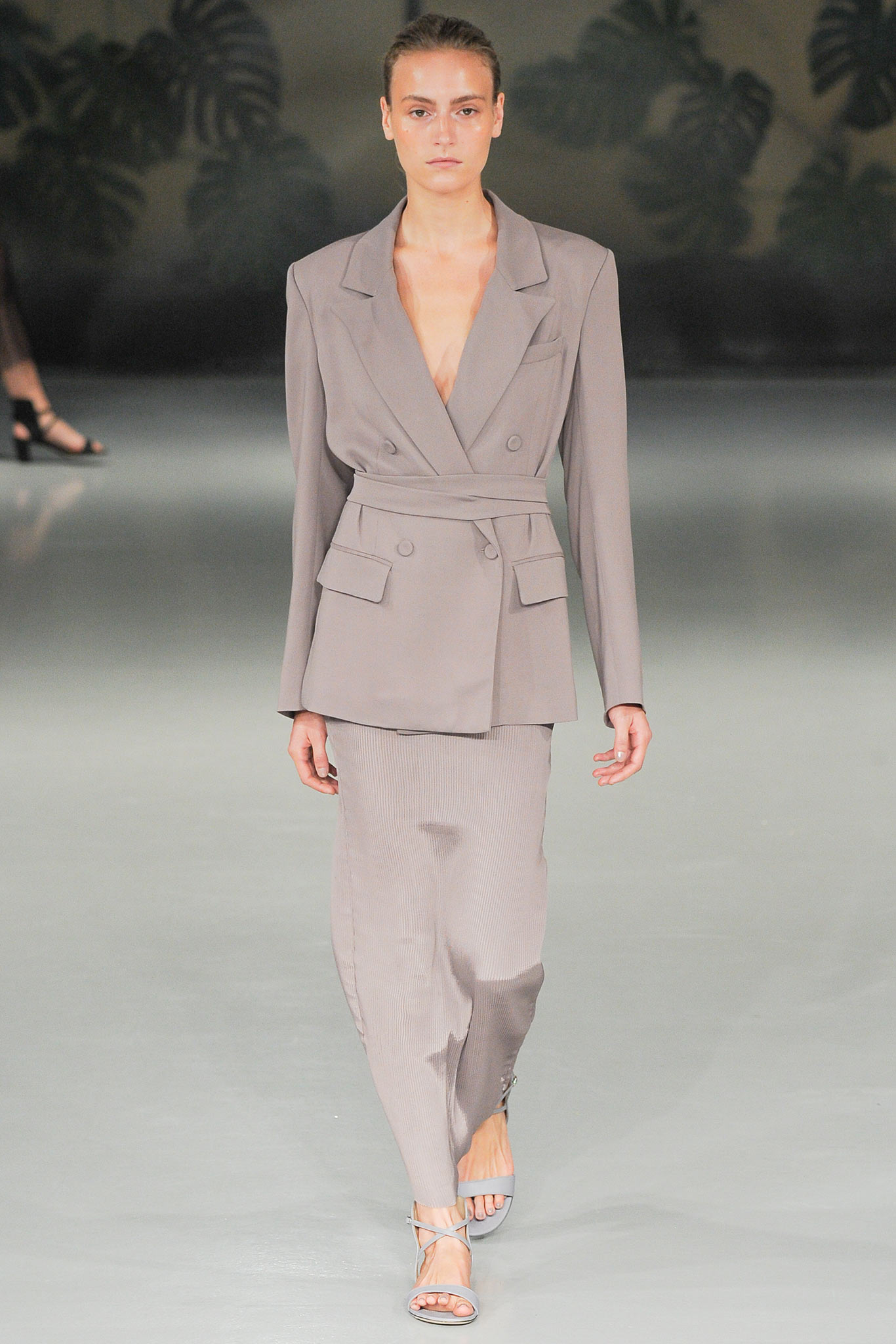gray tailored blazer and fitted skirt