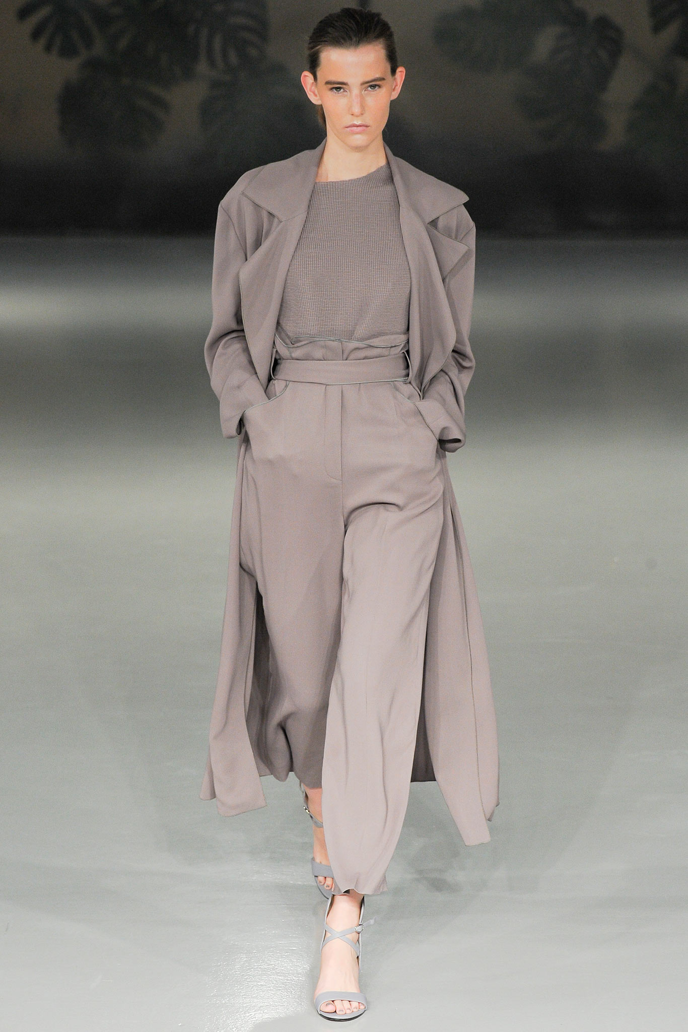 gray wool coat with wide-leg pants