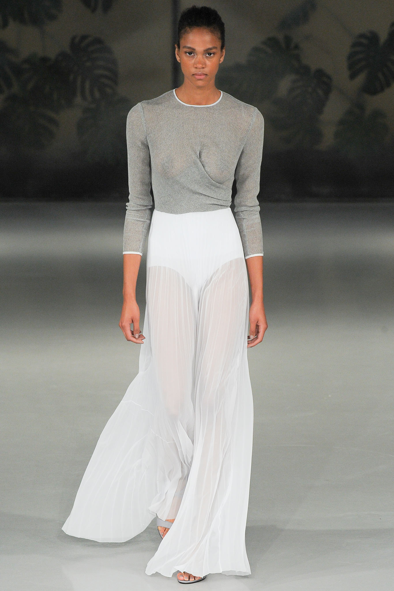gray silk fitted top with white pleated skirt