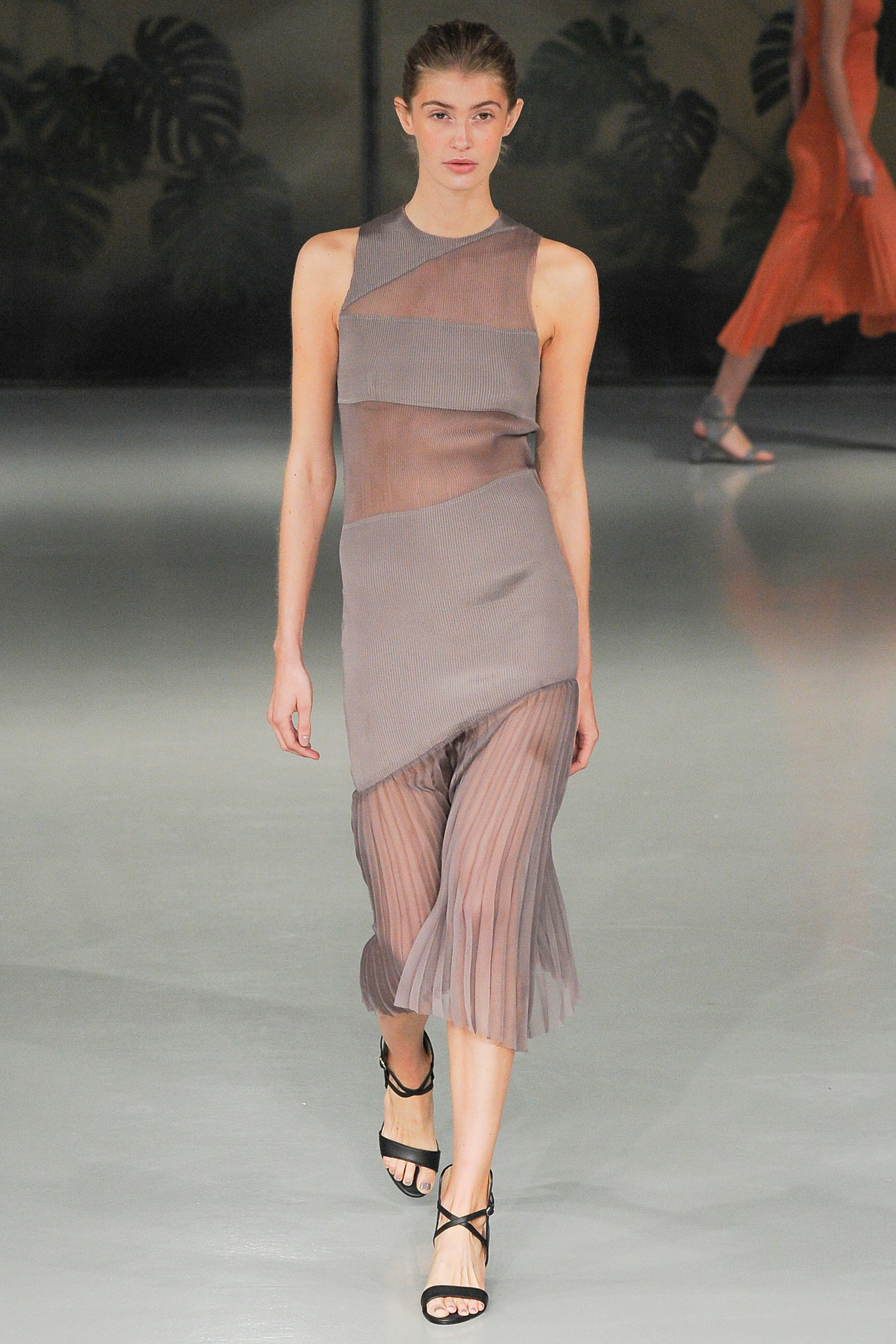 gray sheer pleated midi dress