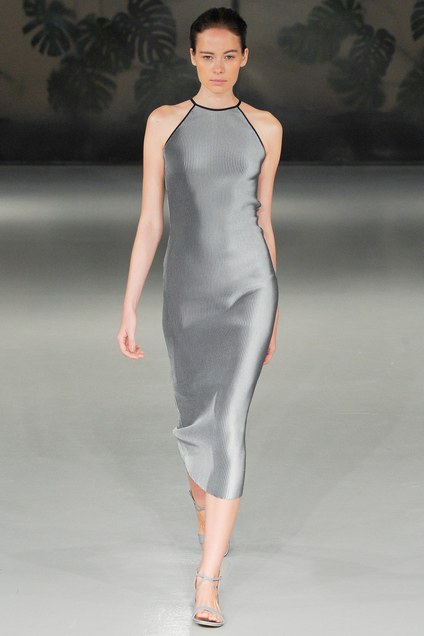 fitted gray silk midi dress