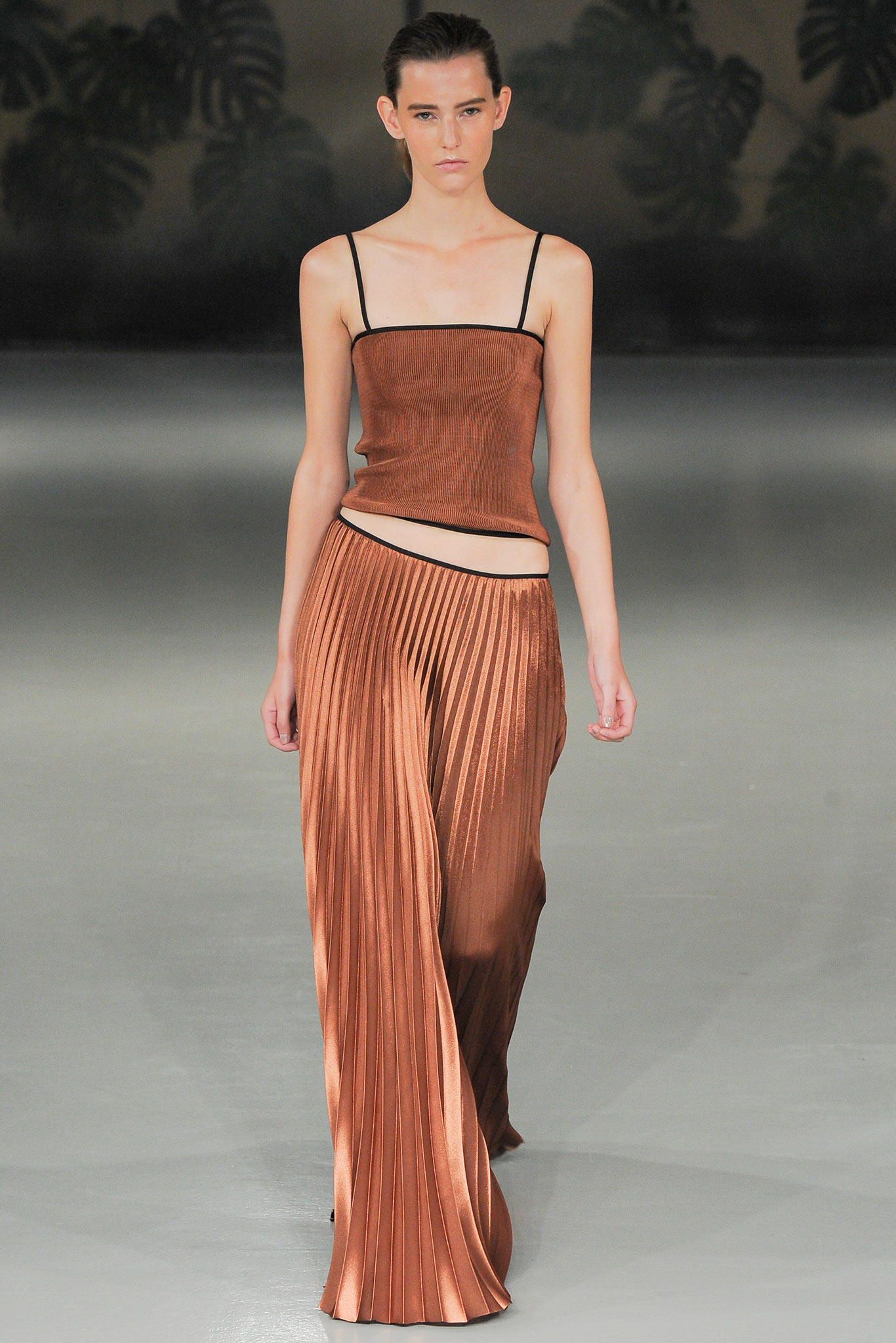 brown silk pleated top and pants