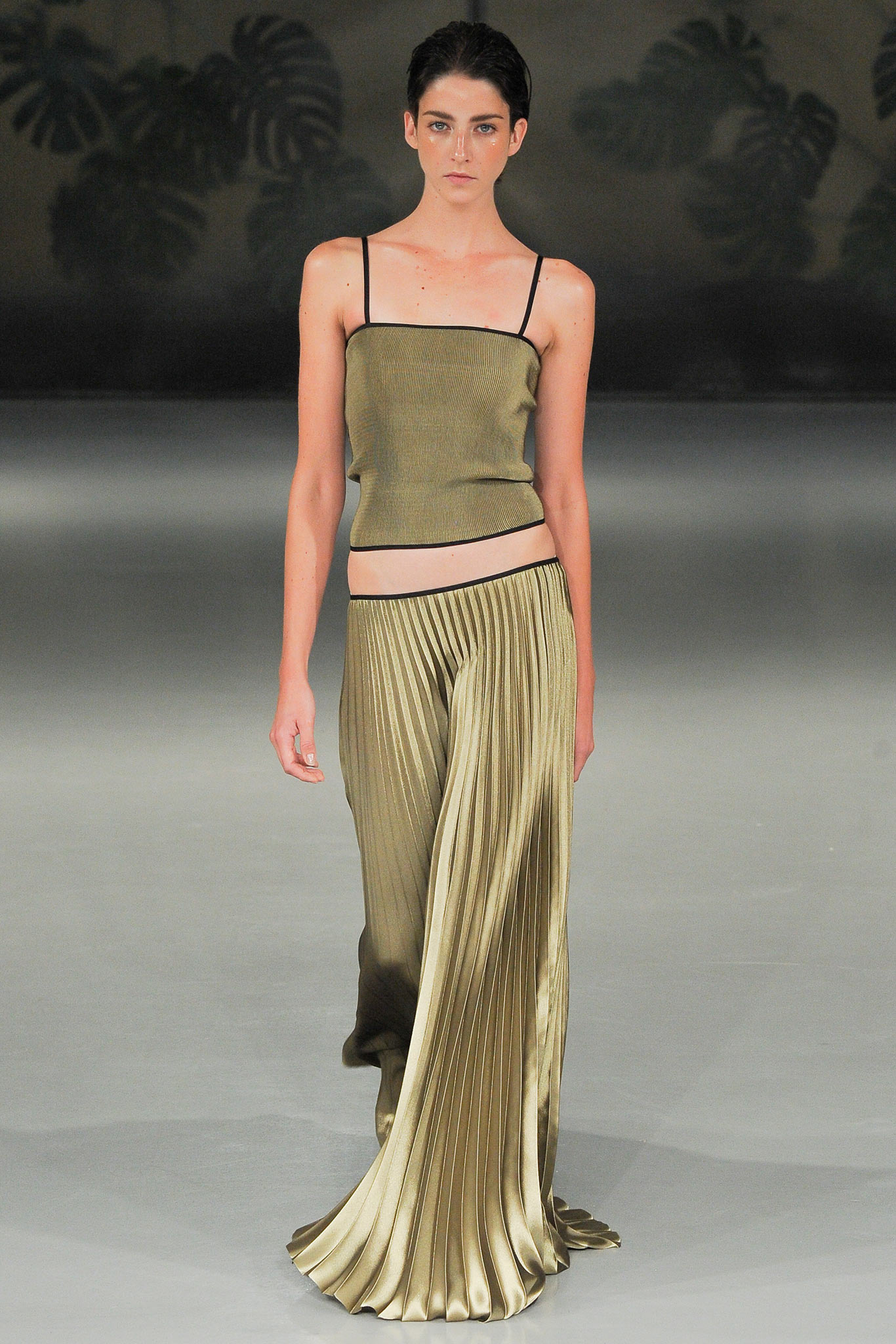 gold silk pleated top and skirt