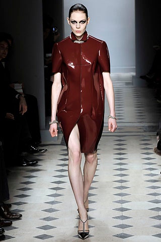 fitted red vinyl mini dress