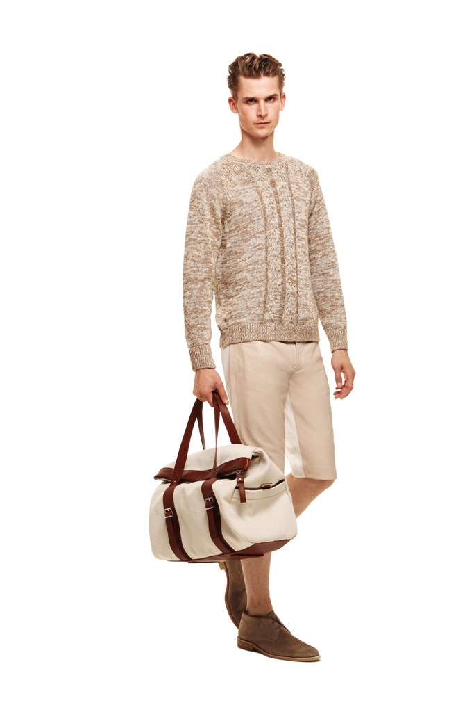 beige wool long-sleeve collared fitted textured sweater