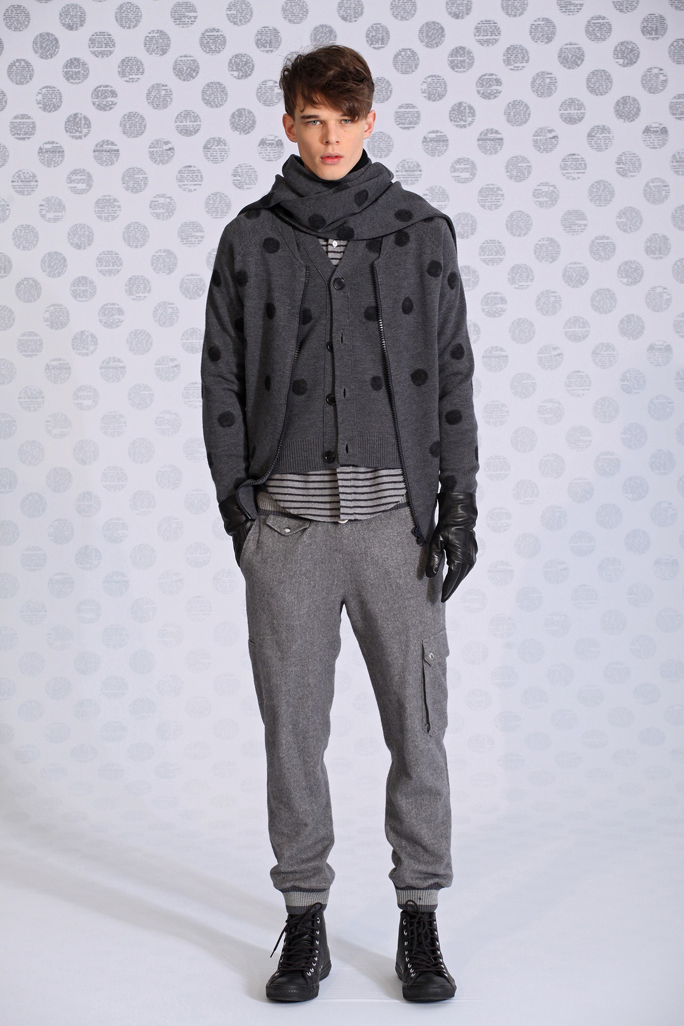 gray polka-dot cardigan with cargo pants