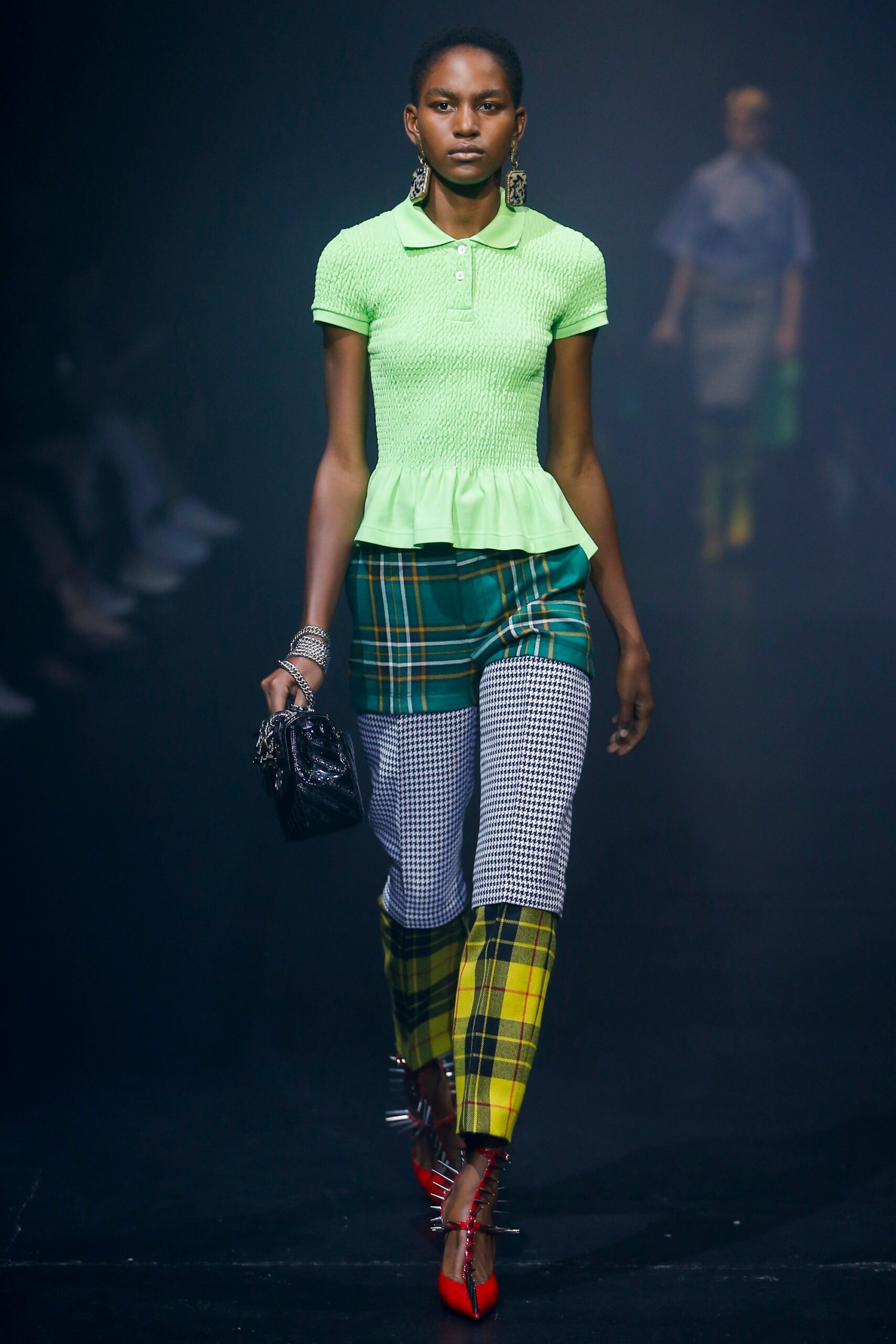 green fitted top with multi pants