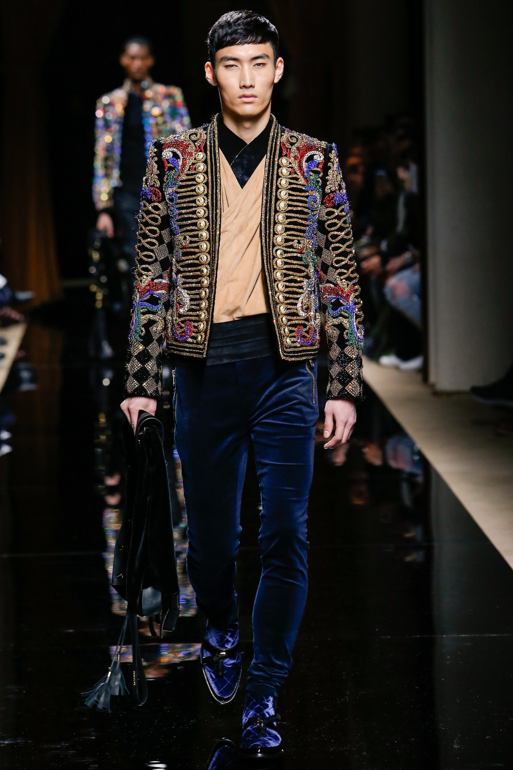 black velvet long-sleeve collared fitted embroidered buttoned jacket